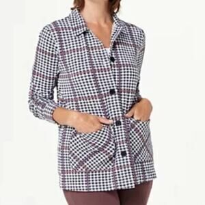 Cuddl Duds Houndstooth Plaid Jacket Women's Large Black Red Button Knit Topper